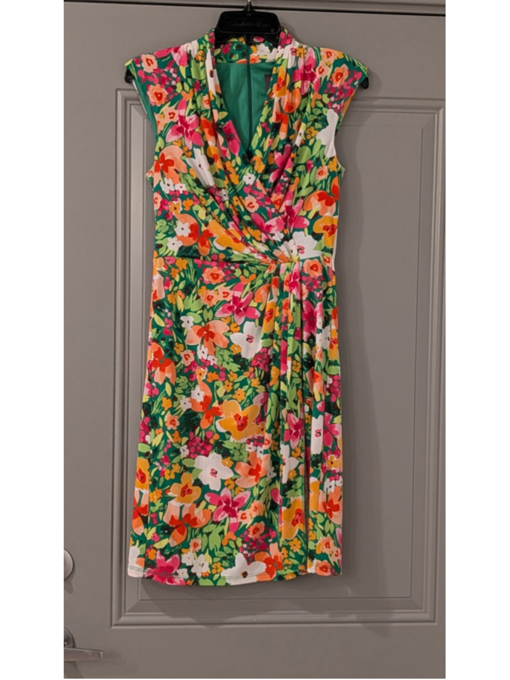Vince Camuto Floral Faux Wrap Sheath Dress Size 2 Green Pink Career Cocktail